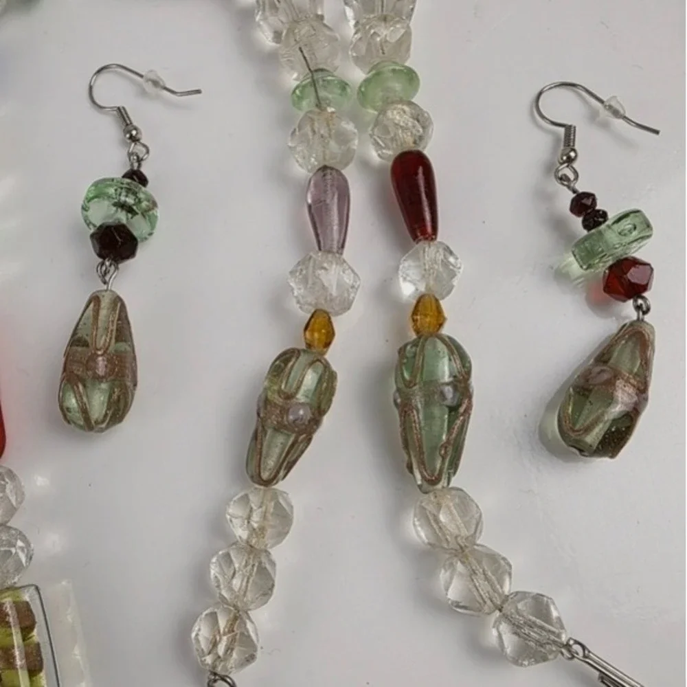 Handmade Beaded Necklace and Earrings Set Amber Bell Charm Colorful Glass Beads